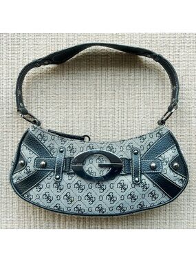 Vintage Guess Black and Gray Logo-Print Shoulder Bag